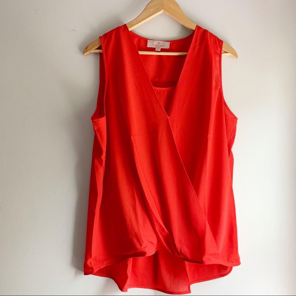 Laurie Felt Cherry Red Sleeveless Wrap Blouse L